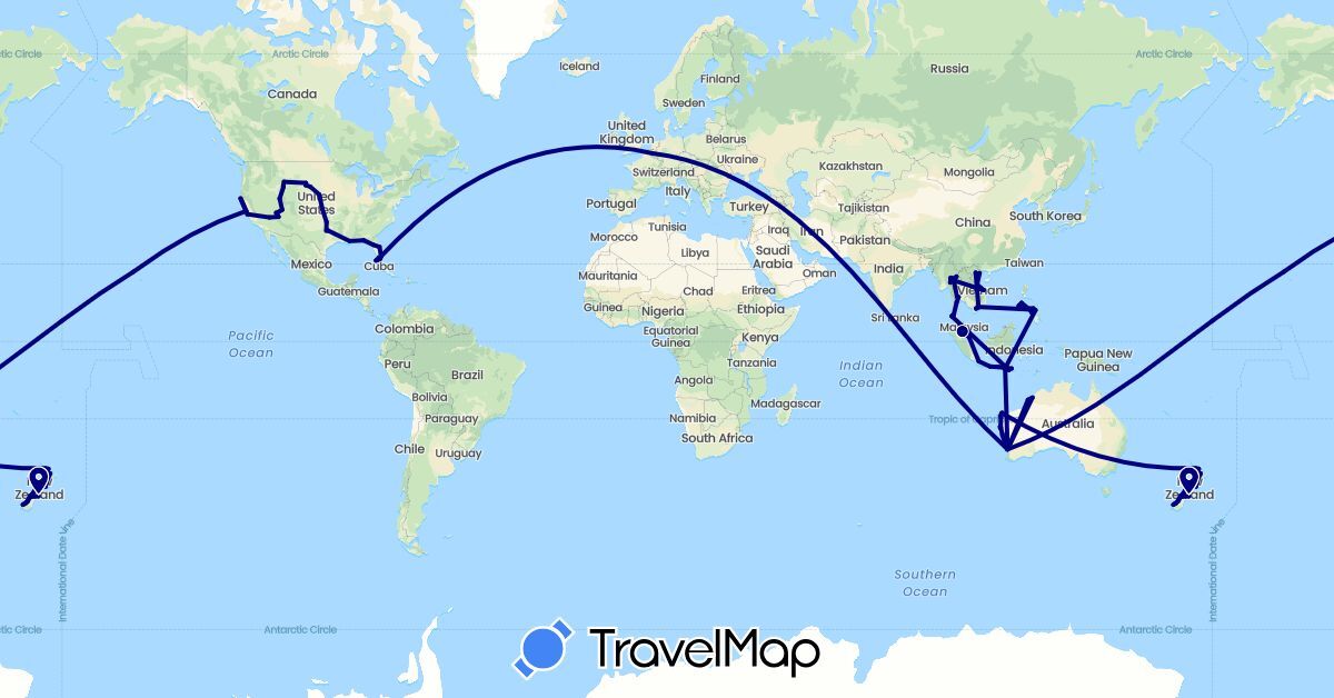 TravelMap itinerary: driving in Australia, Belgium, Indonesia, Malaysia, New Zealand, Philippines, Singapore, Thailand, United States, Vietnam (Asia, Europe, North America, Oceania)